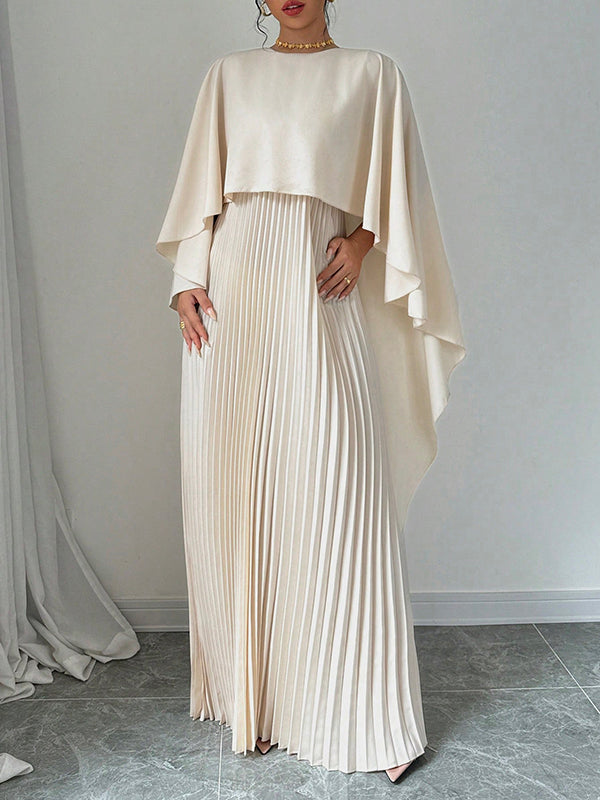 Maxi Evening Dress with Cape, High-Low Pleated Design, Solid Color, and Round Neck