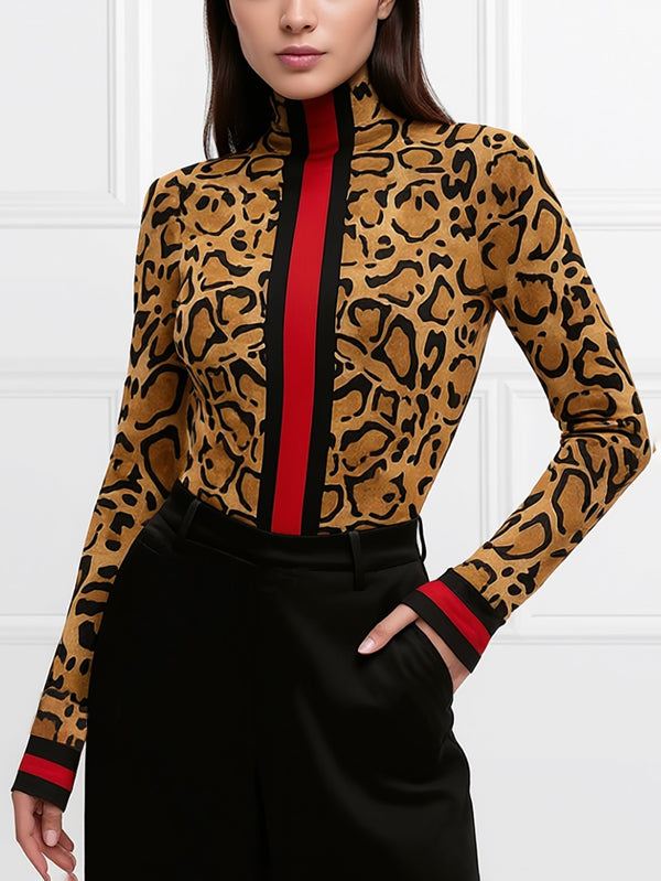 High Neck Leopard Print Long Sleeve Top with Contrast Color