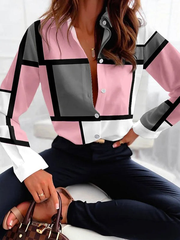 Loose Fit Long Sleeve Plaid Blouse with Contrast Color and Button Details