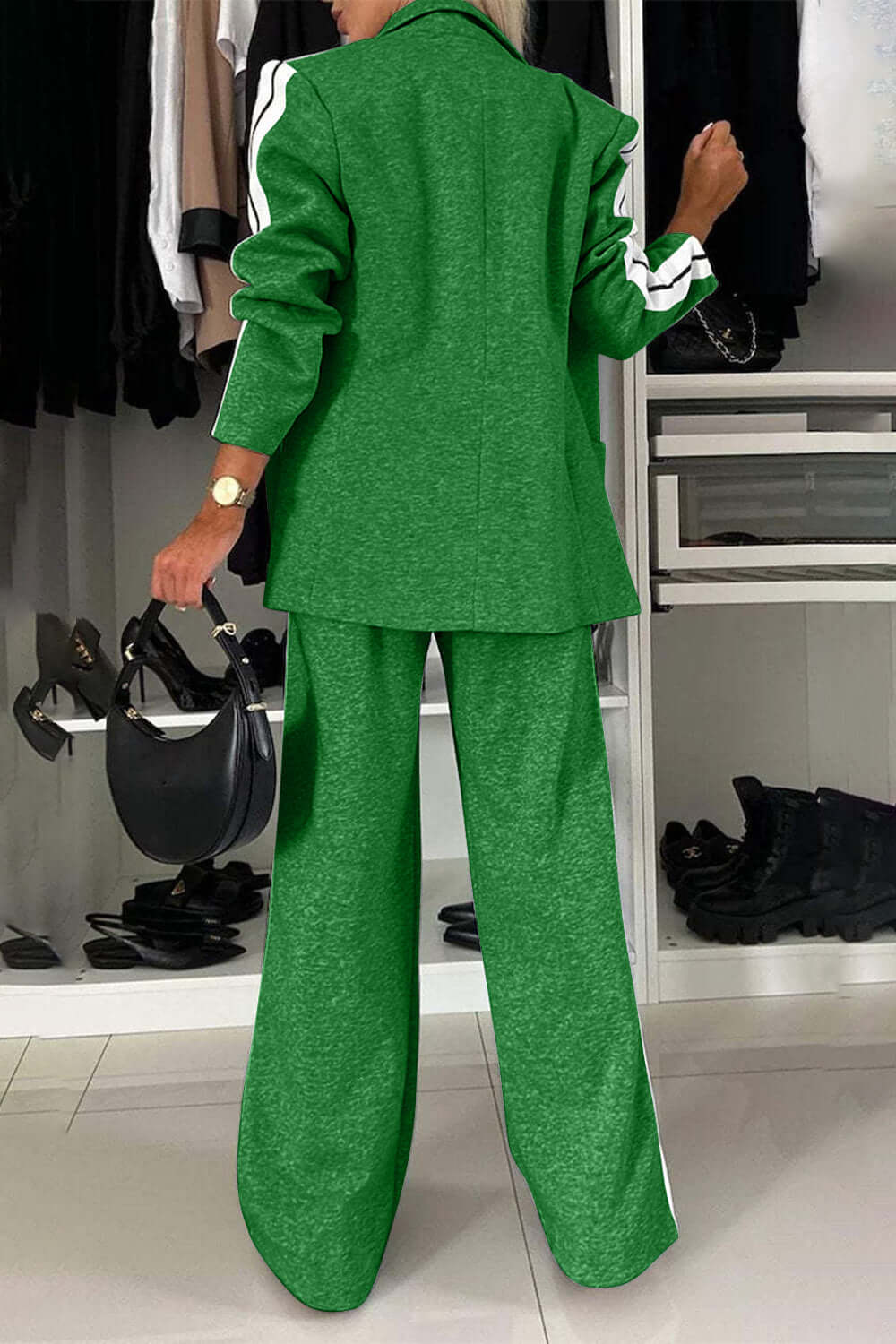 Two-Piece Set: Contrast Lapel Collar Top with Matching Pants