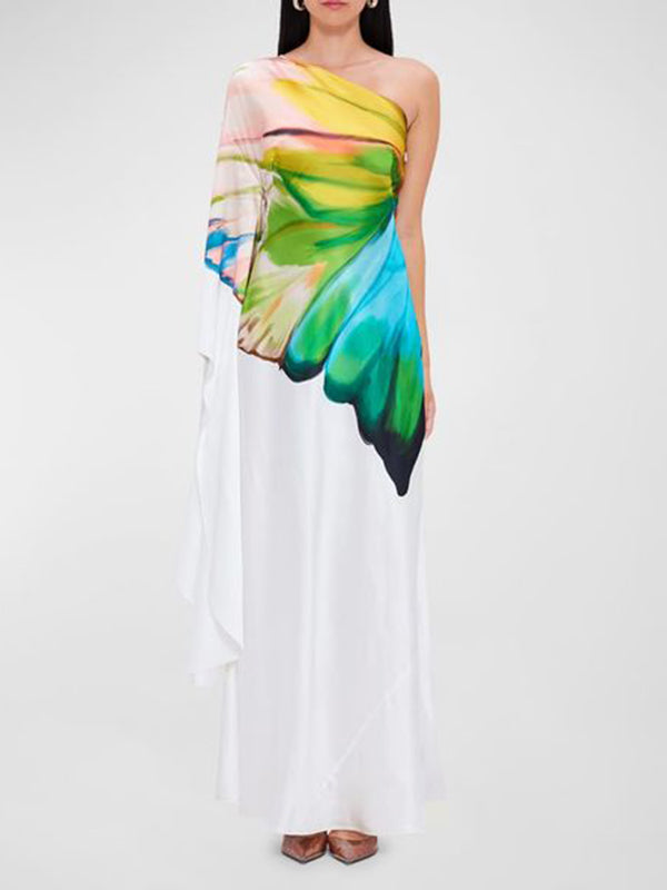 One-Shoulder Maxi Dress with Long Sleeves and Asymmetric Flower Print