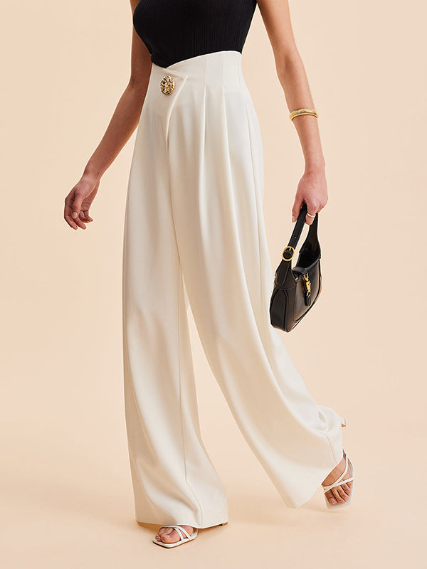 High-Waisted Loose-Fit Buttoned Pleated Solid Pants