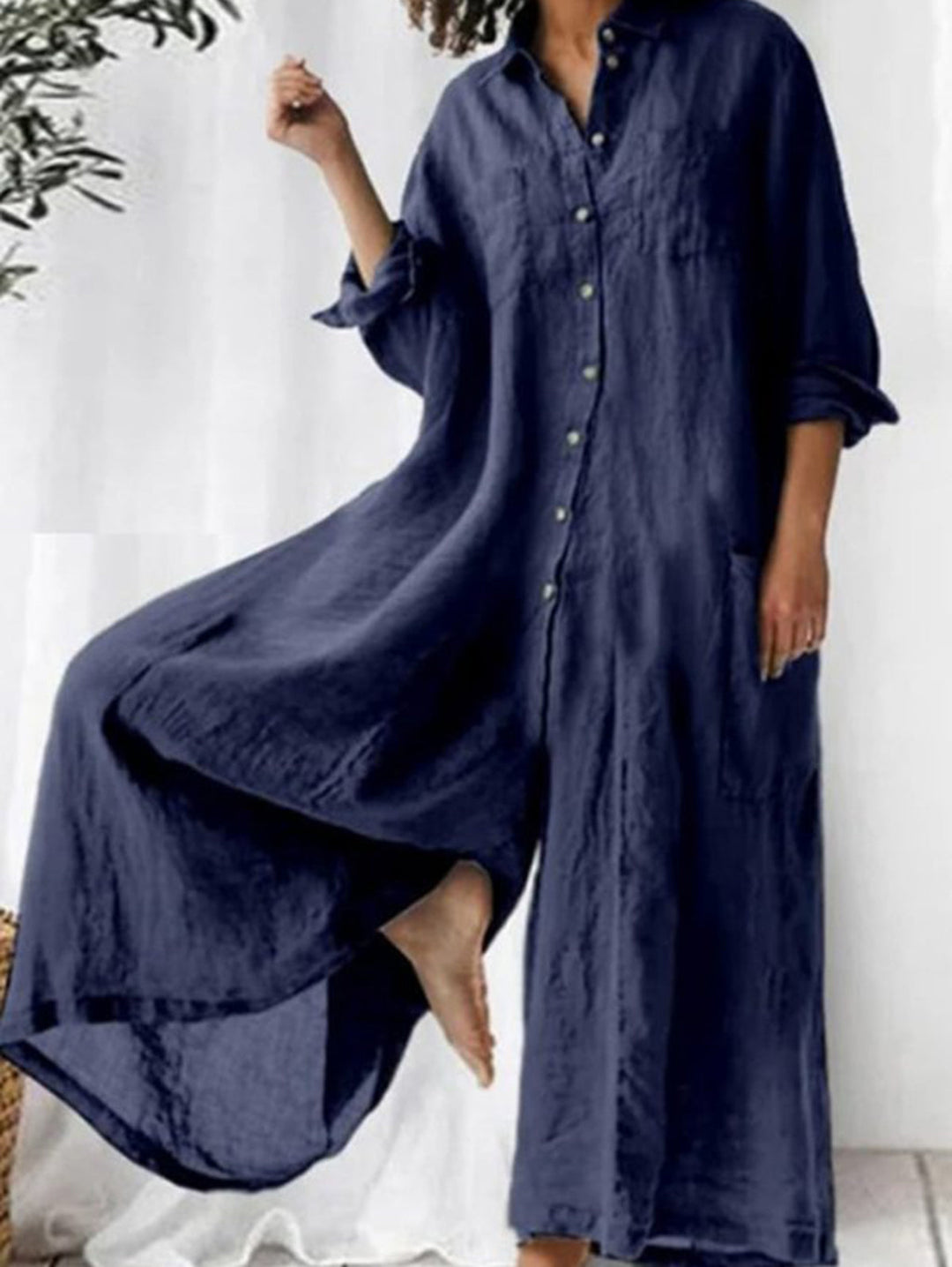 Relaxed Fit Plain Lapel Collar Single-Breasted Wide-Leg Jumpsuit