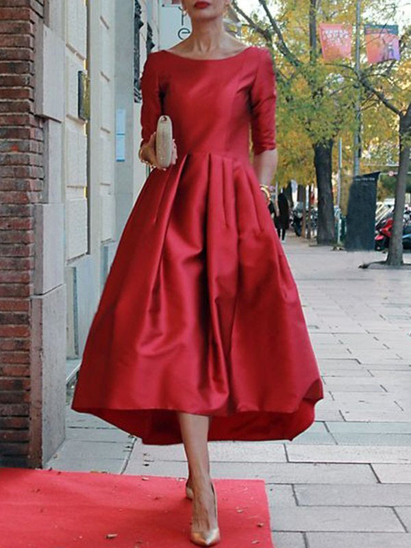 Solid Color A-Line Midi Dress with Loose Pleats, Pockets, and Split-Joint Round Neck