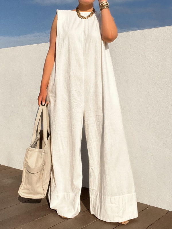 Sleeveless Wide-Leg Jumpsuit with Shoulder Pads in Solid Colors