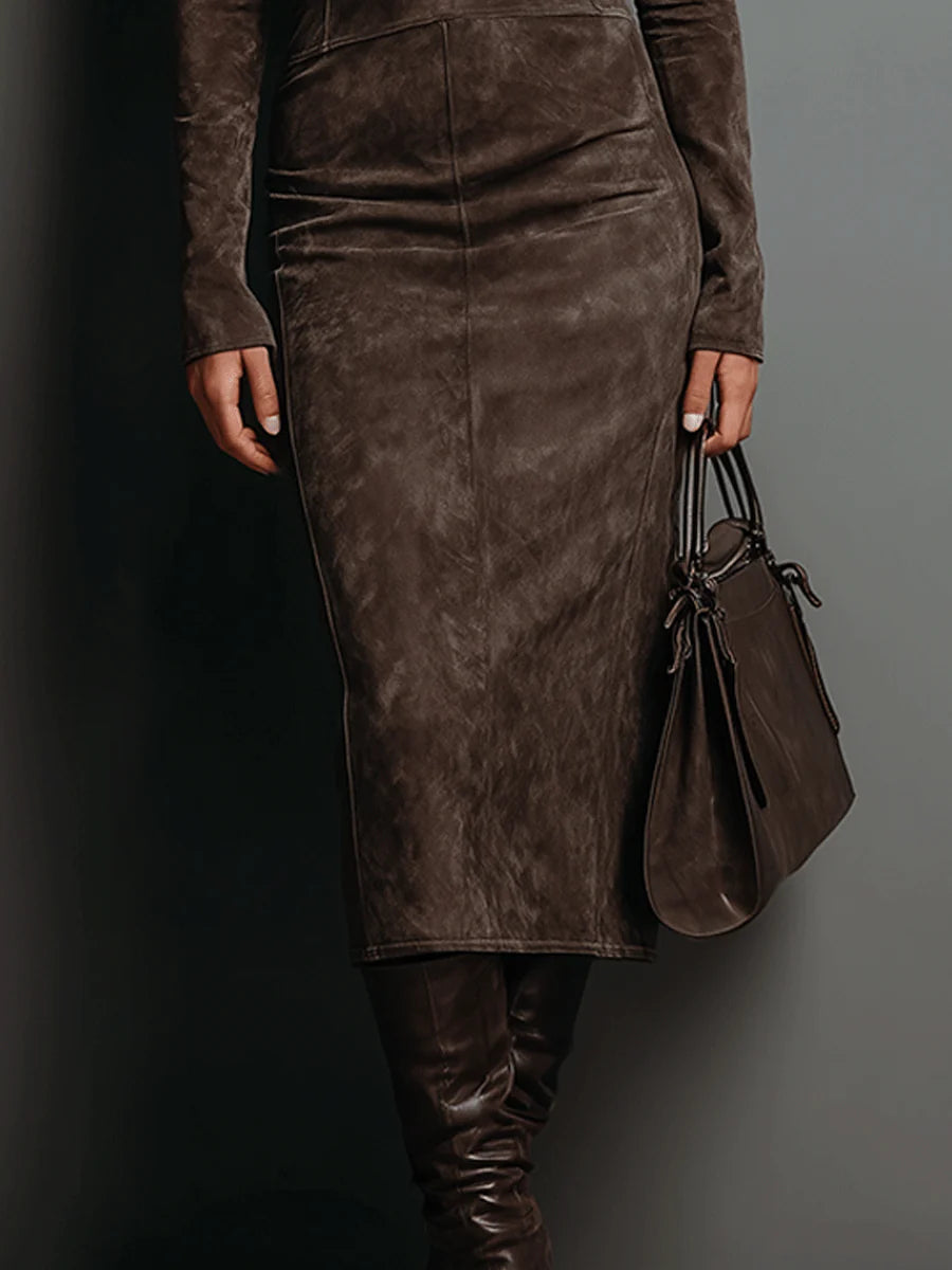 Chic High Neck Long Sleeve Suede Midi Dress