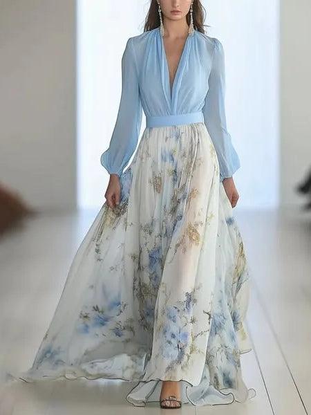 Elegant V-Neck Maxi Dress with Beautiful Floral Print