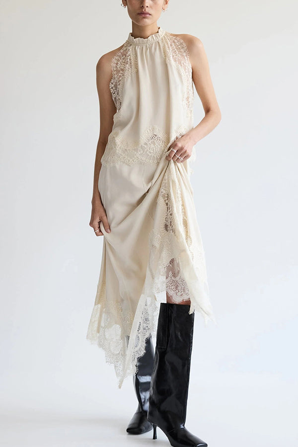 Lace-Trimmed Pleated Collar Top with Asymmetrical Slit Skirt Set