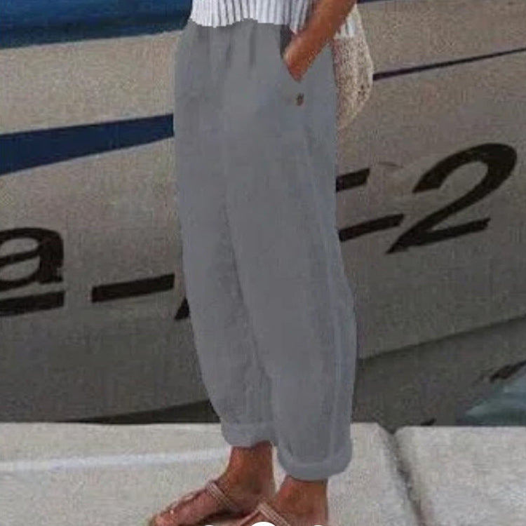 Solid Color Casual Cotton-Linen Blend Pants