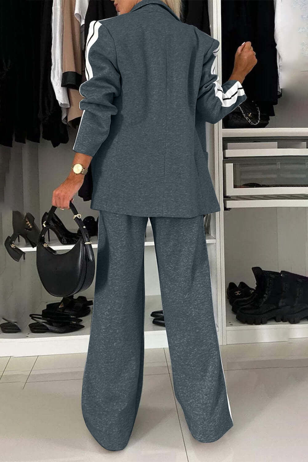 Two-Piece Set: Contrast Lapel Collar Top with Matching Pants