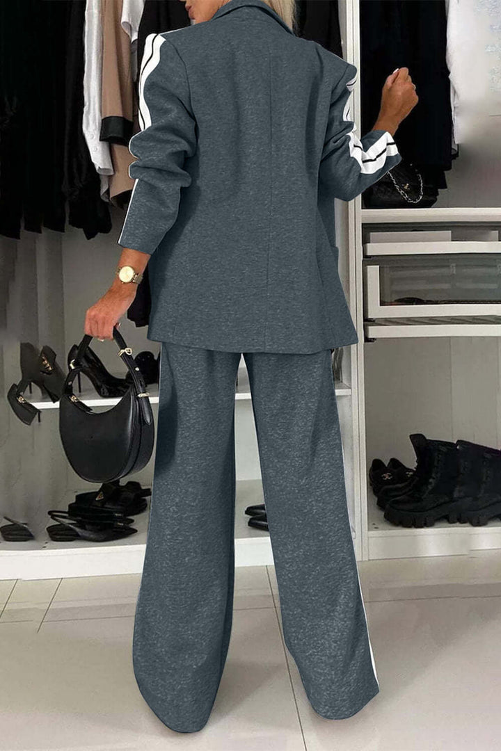 Two-Piece Set: Contrast Lapel Collar Top with Matching Pants