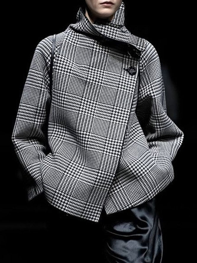 Asymmetric Houndstooth Plaid Jacket with Long Sleeves and Stand Collar