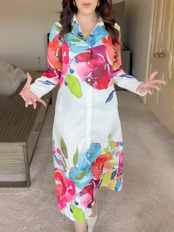 Floral Print Maxi Shirt Dress with Long Sleeves and Button Closure