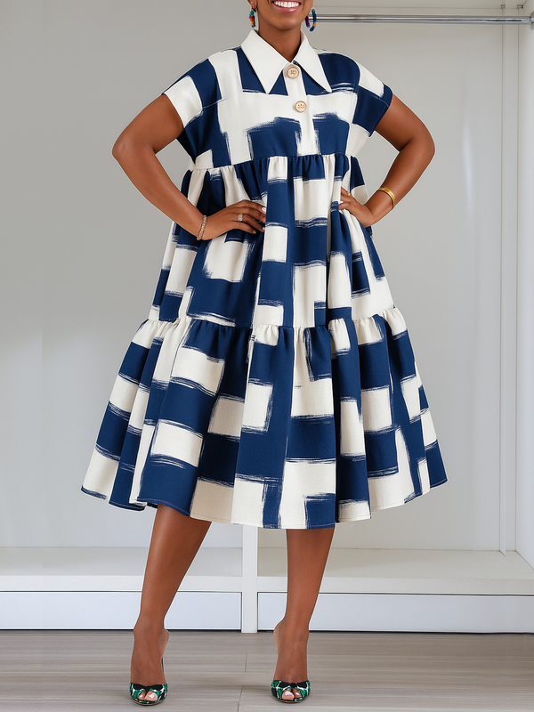 Contrast Color Pleated Midi Dress with A-Line Silhouette, High Waist, Button Details, and Pockets
