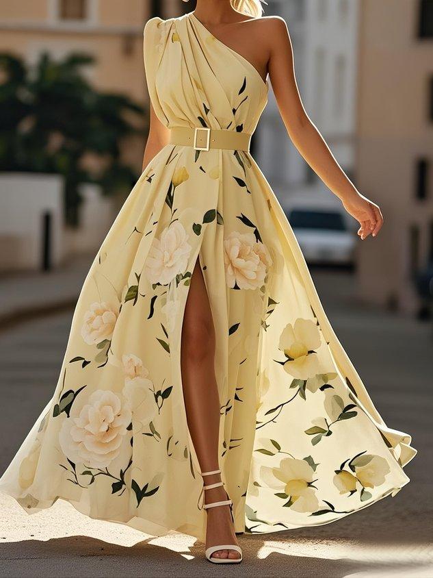 Light Green Floral One-Shoulder A-Line Maxi Dress with Ruched Details
