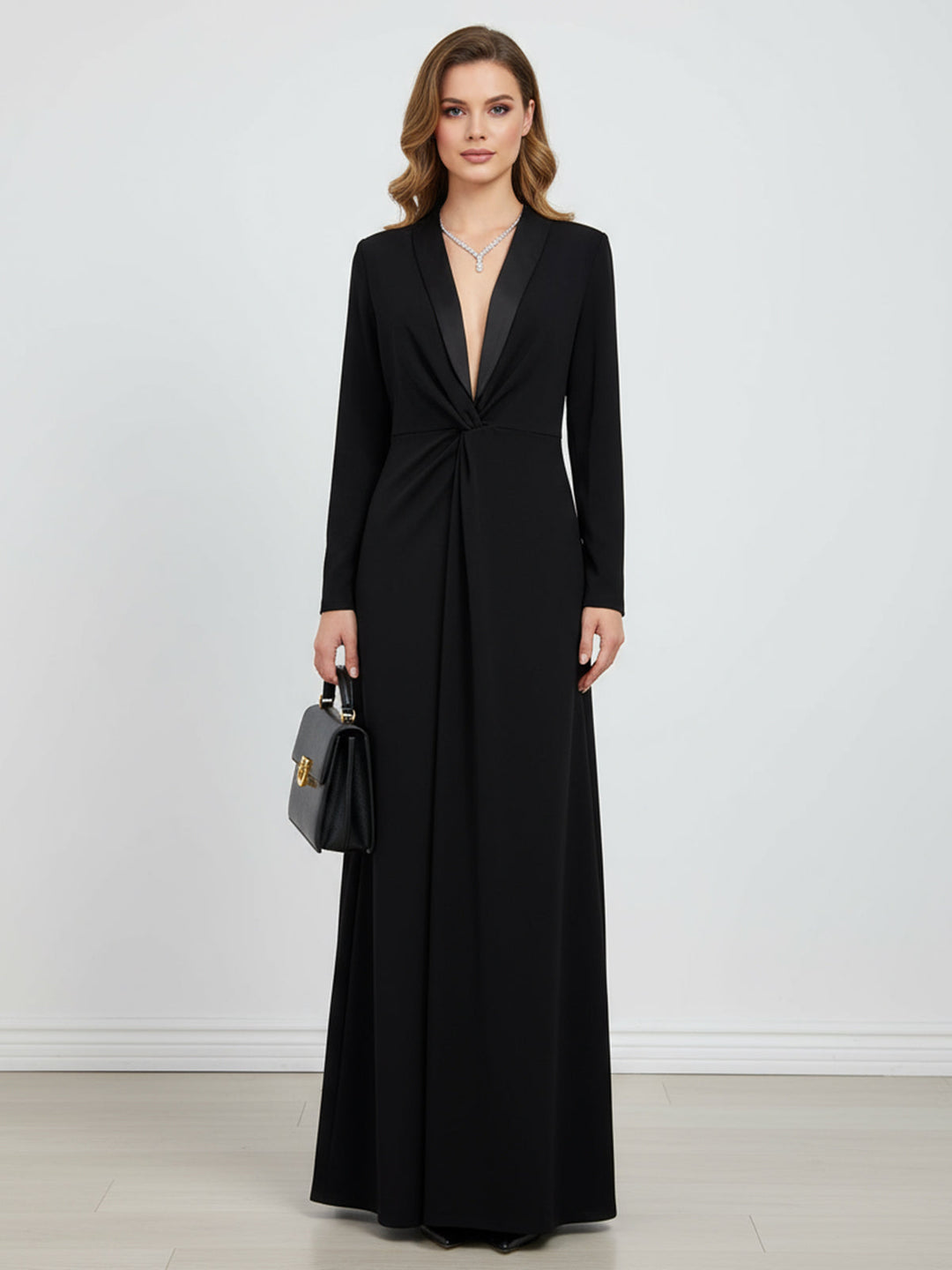 Long Sleeve Solid Color Deep V-Neck Maxi Dress