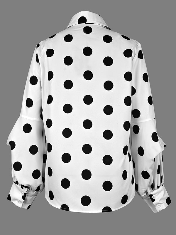 Polka Dot Long Sleeve Loose Fit Button-Up Blouse with Lapel Detail