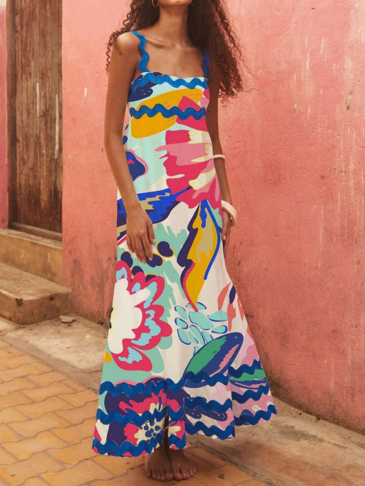 Floral Wave A-Line Dress with Strap Details