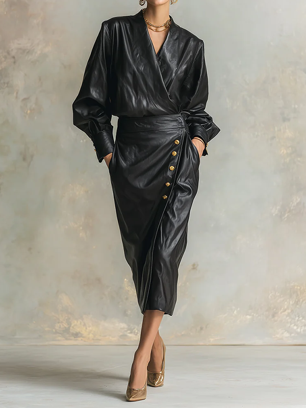 V-Neck Midi Dress with Long Puff Sleeves, Button Detail, and Pleated Design in Solid Color