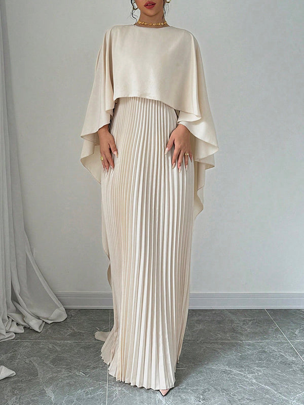 Maxi Evening Dress with Cape, High-Low Pleated Design, Solid Color, and Round Neck