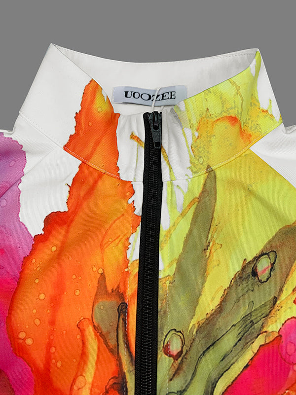 Asymmetric Floral Print High Neck Outerwear with Loose Puff Sleeves