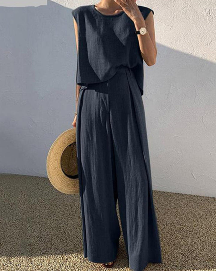 סט מכנסיים מזדמן מתערובת פשתן