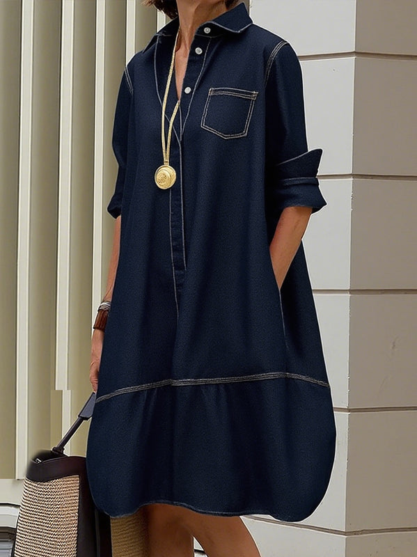 Solid Color Midi Dress with Long Sleeves, Loose Fit, Buttoned Pockets, and Lapel Collar