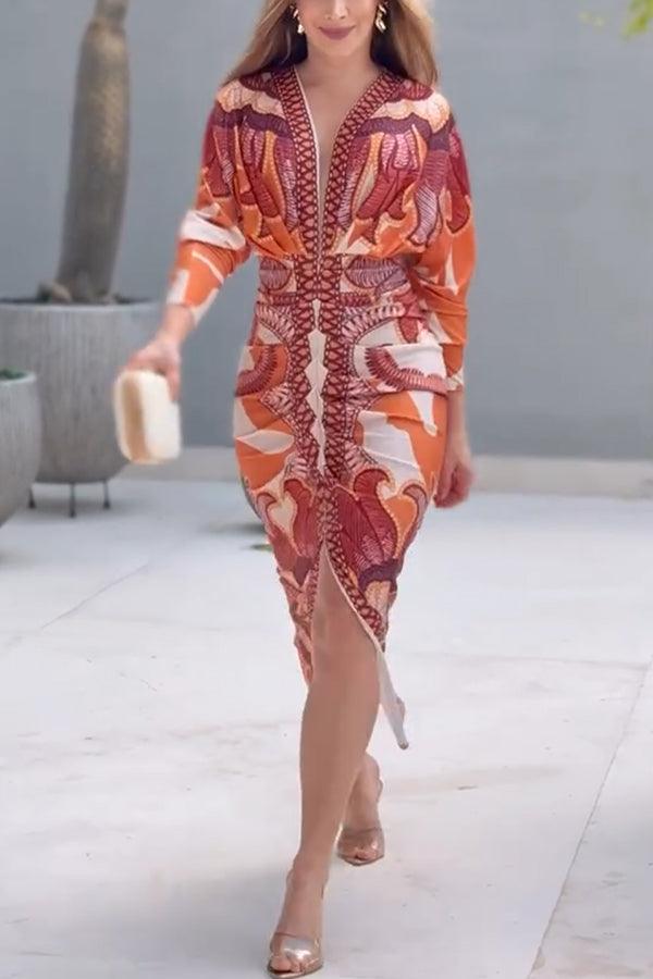 Distinctive Print Long Sleeve Ruched Midi Dress with Slit