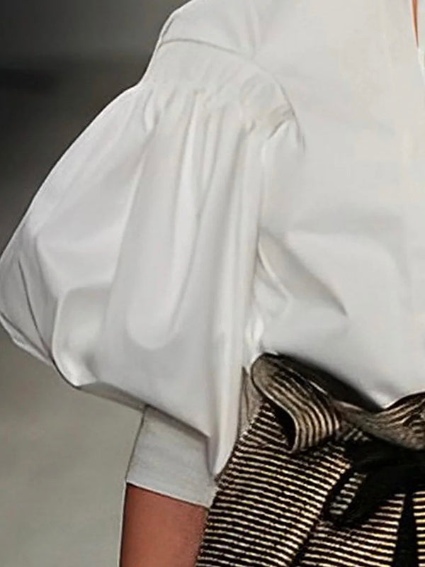 Solid Color Blouses & Shirts with Puff Sleeves and Button Detail