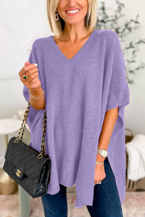 Stylish V-Neck Loose-Fit Solid Poncho Sweater