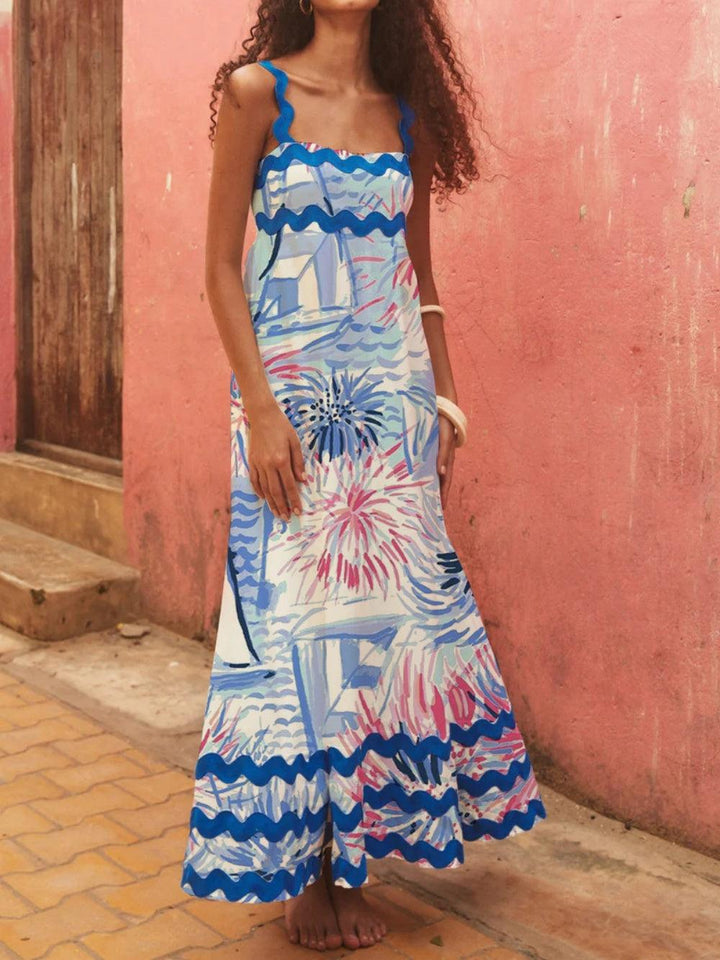 Floral Wave A-Line Dress with Strap Details