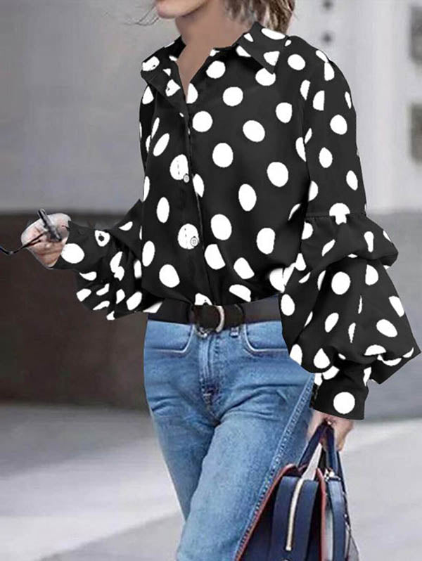 Polka Dot Long Sleeve Loose Fit Button-Up Blouse with Lapel Detail