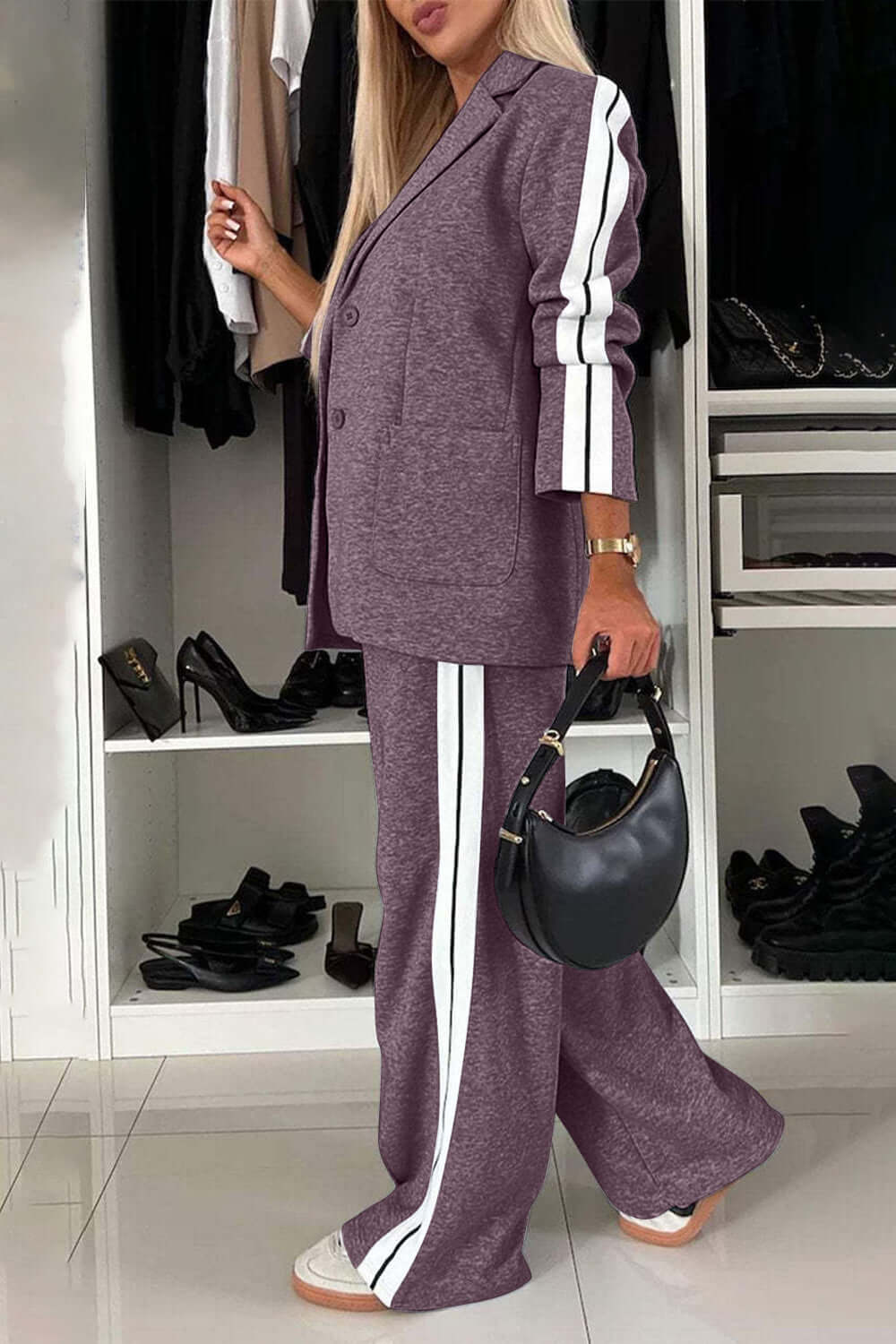 Two-Piece Set: Contrast Lapel Collar Top with Matching Pants