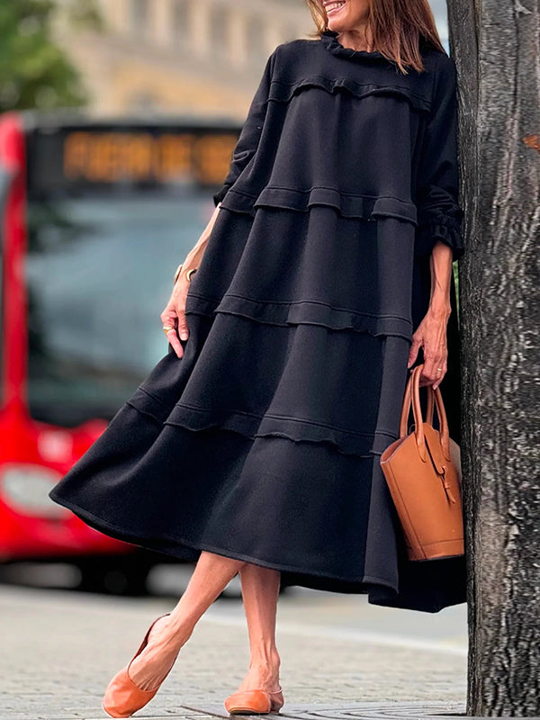Solid Color A-Line Maxi Dress with Loose Ruffles and Split Joint Round Neck