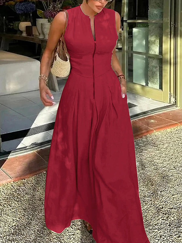 Maxi Dress with A-Line Loose Fit, Pleats, Pockets, Split Joint, and Zipper - Round Neck Design