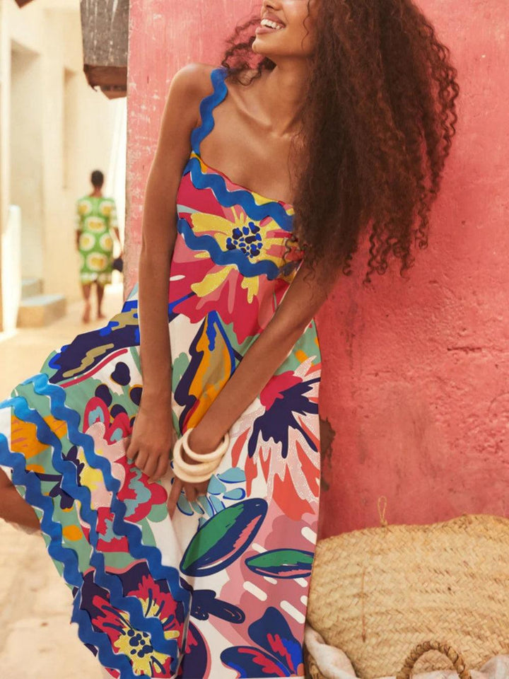 Floral Wave A-Line Dress with Strap Details