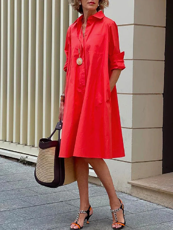 Classic Solid Color Midi Dress with Long Sleeves and Lapel Collar