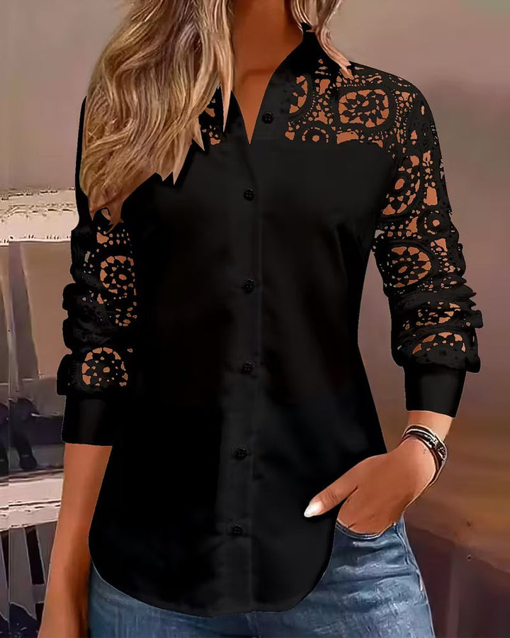 Lace Patchwork Solid Color Lapel Blouse