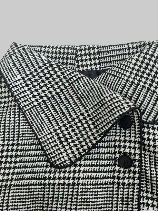Asymmetric Houndstooth Plaid Jacket with Long Sleeves and Stand Collar