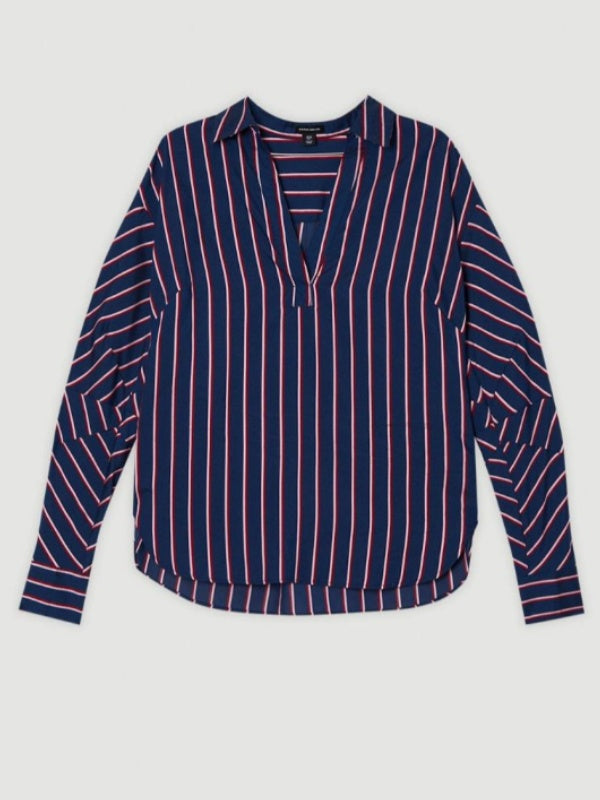 Loose Fit Striped Lapel Blouses and Long Sleeve Tops