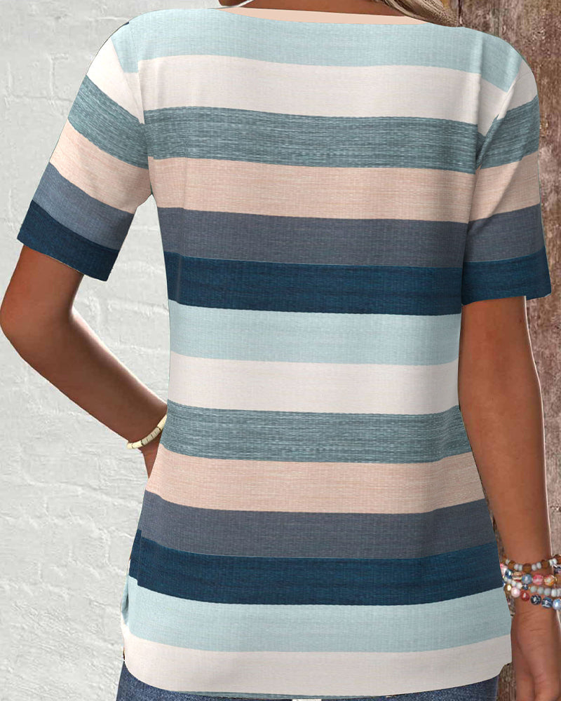 Casual Blouse with Striped Contrast and Button Details
