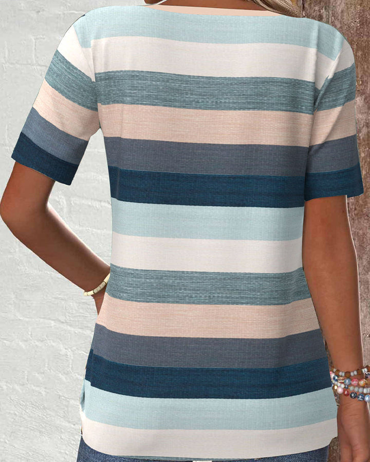 Casual Blouse with Striped Contrast and Button Details