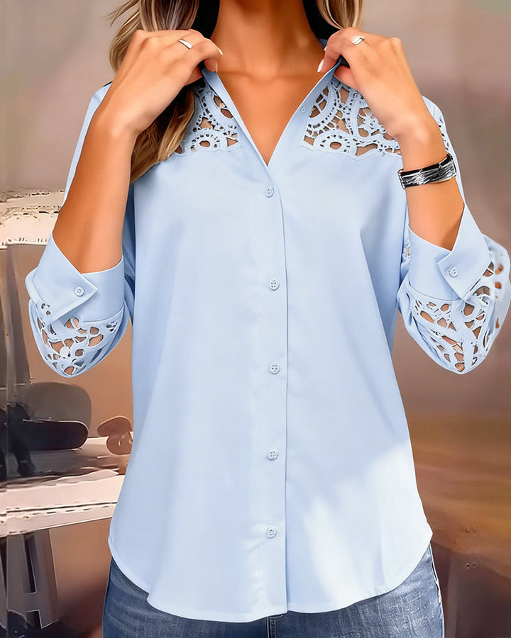 Lace Patchwork Solid Color Lapel Blouse