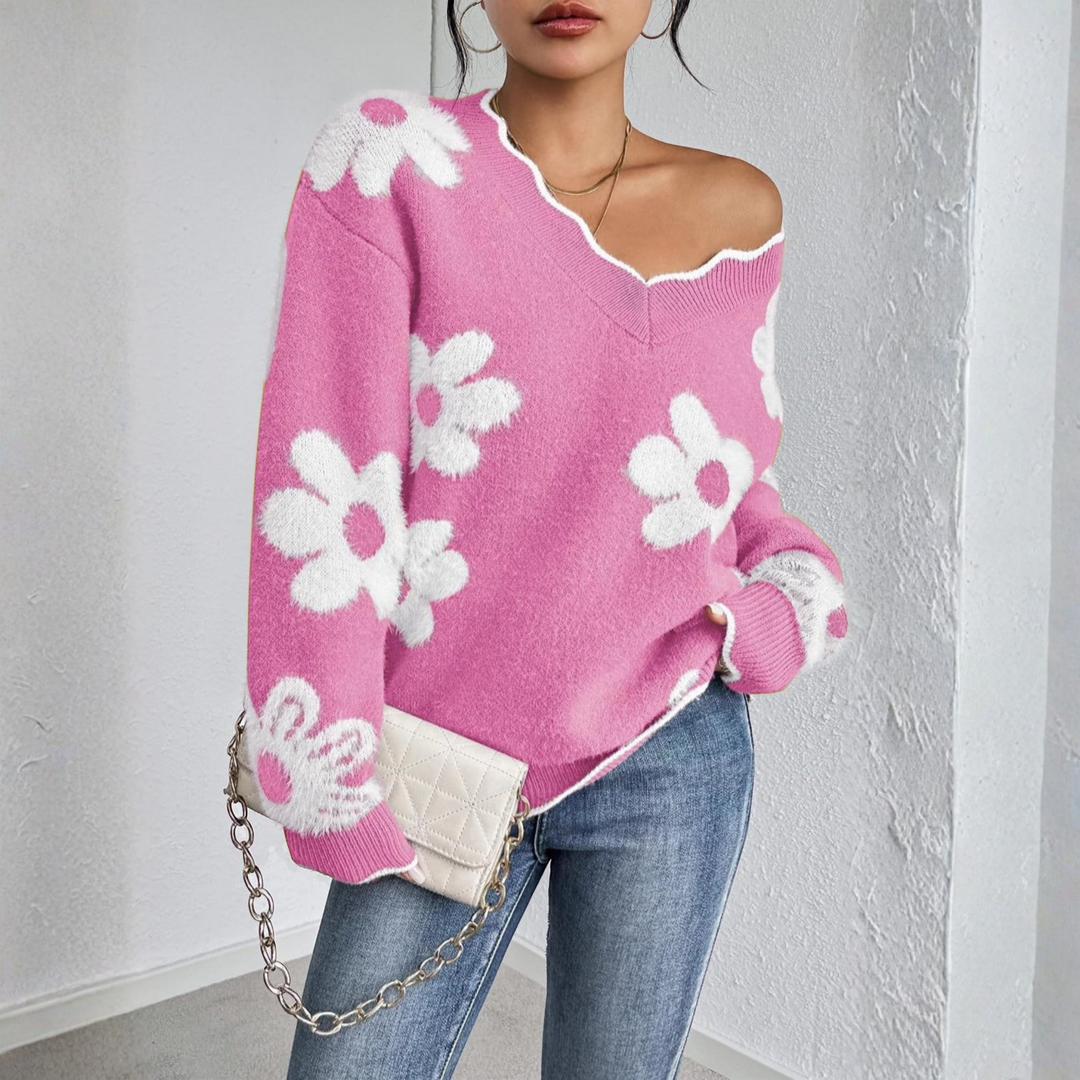 KYUPA™ - Relaxed V-Neck Pullover with Long Sleeves and Dropped Shoulders