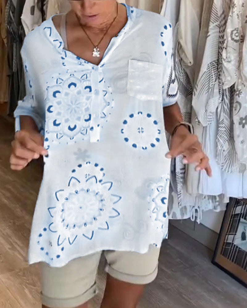 Versatile V-Neck Printed Blouse with Half Sleeves