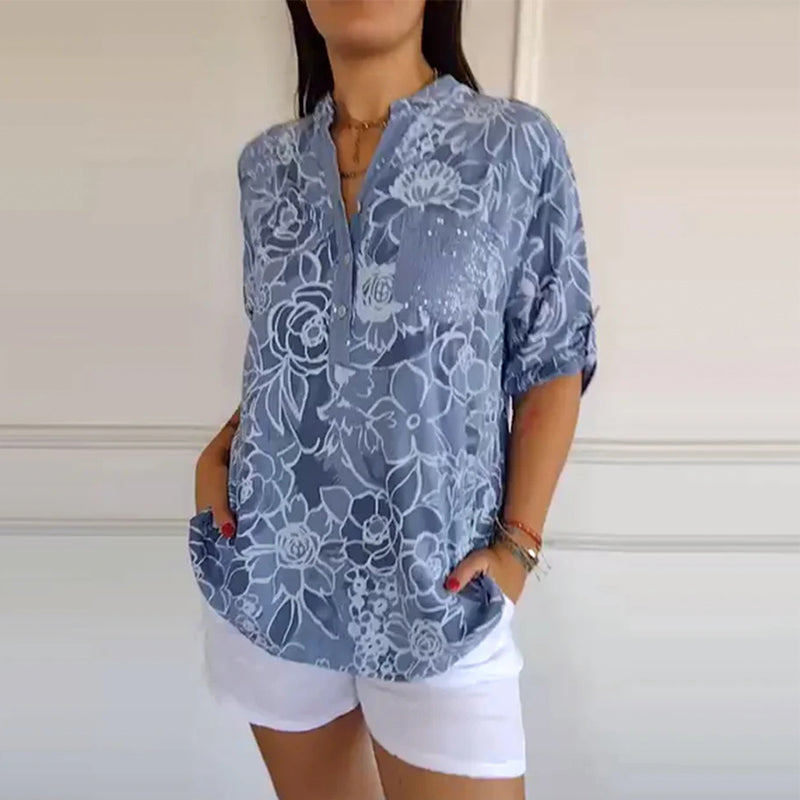Printed V-Neck Button-Up Blouse