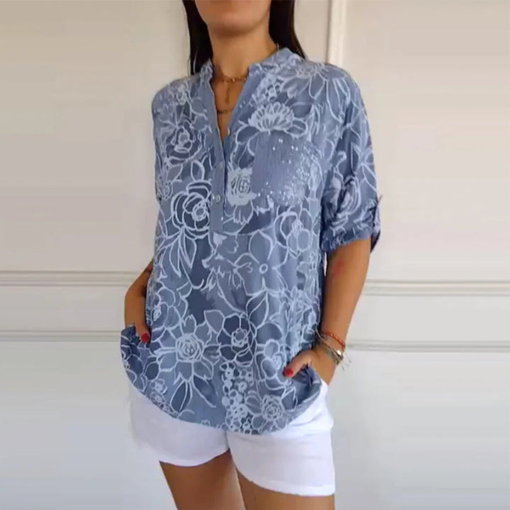 Printed V-Neck Button-Up Blouse