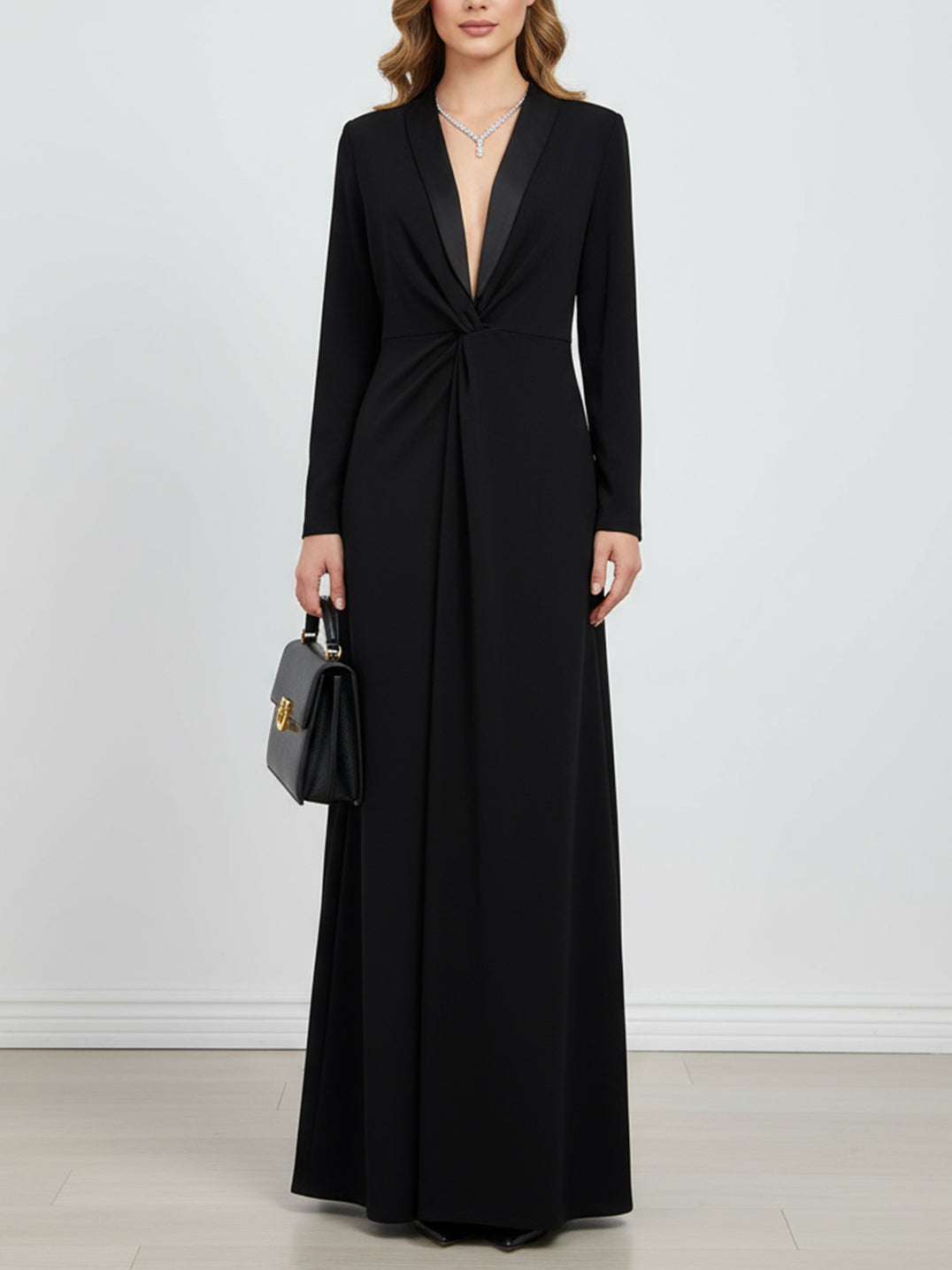 Long Sleeve Solid Color Deep V-Neck Maxi Dress