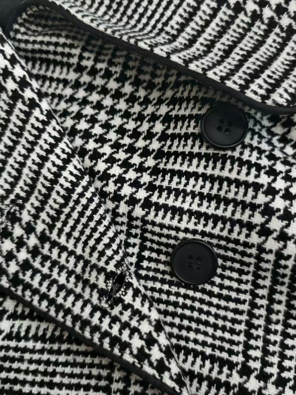 Asymmetric Houndstooth Plaid Jacket with Long Sleeves and Stand Collar