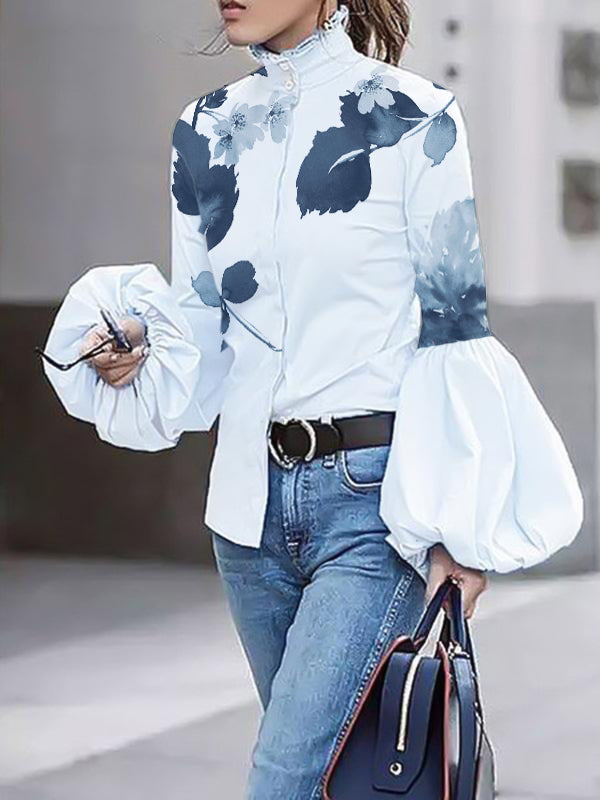 High-Neck Long Sleeve Loose Blouse with Buttoned Leaf Print